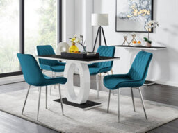 Furniturebox Giovani Rectangular 4 Seat White High Gloss Unique Halo Base Dining Table Black Glass Top 4 Blue Velvet Silver Leg Pesaro Chairs