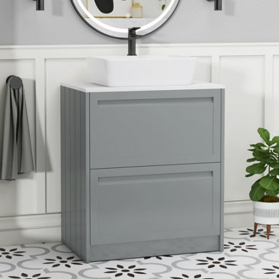 Royal Bathrooms Royal Bathroom Elmore 700mm Matt Pebble Grey Freestanding Countertop Bathroom Vanity Unit 2 Drawer With Cube Basin - image 1
