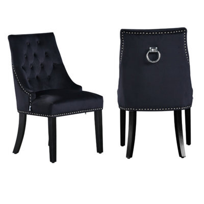 Life Interiors Set Of 2 Black Velvet Dining Chairs Ergonomic Scoop Knockerback & Button Tufted Wood Legs - image 1
