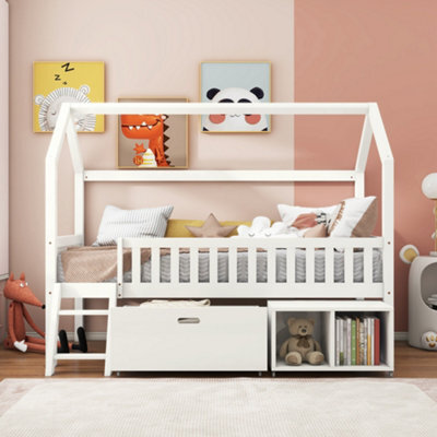 Btm Household Teen Bed 90X190Cm With Storage Drawers, Anti-Fall Railings, White - image 1