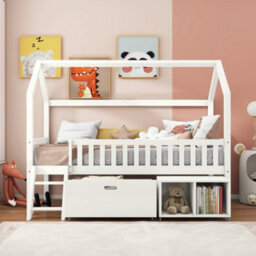 Btm Household Teen Bed 90X190Cm With Storage Drawers, Anti-Fall Railings, White - thumbnail 1