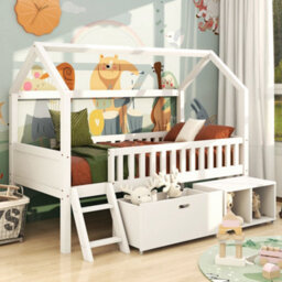 Btm Household Teen Bed 90X190Cm With Storage Drawers, Anti-Fall Railings, White - thumbnail 4