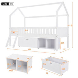 Btm Household Teen Bed 90X190Cm With Storage Drawers, Anti-Fall Railings, White - thumbnail 7