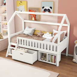 Btm Household Teen Bed 90X190Cm With Storage Drawers, Anti-Fall Railings, White - thumbnail 2