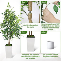 London Boutique Artificial Ficus Tree With Tall Planter, 180 Cm Faux Indoor Plant, Uv Resistant Silk Leaves, White Pot Decor - thumbnail 3