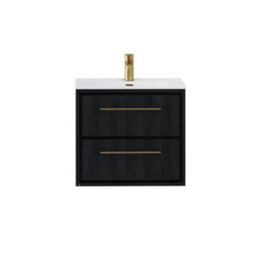Royal Bathrooms Livora 600mm Black Woodgrain Wall Hung Bathroom Vanity Unit 2 Drawer With Ceramic Basin & Brushed Brass Handle - thumbnail 5