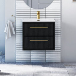 Royal Bathrooms Livora 600mm Black Woodgrain Wall Hung Bathroom Vanity Unit 2 Drawer With Ceramic Basin & Brushed Brass Handle - thumbnail 1