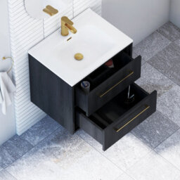 Royal Bathrooms Livora 600mm Black Woodgrain Wall Hung Bathroom Vanity Unit 2 Drawer With Ceramic Basin & Brushed Brass Handle - thumbnail 4