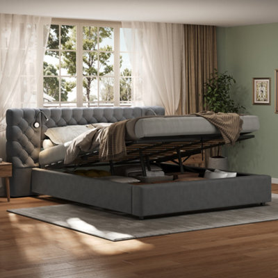 Btm 6Ft Super King Hydraulic Storage Bed, Velvet Upholstered, Wide Headboard, With Reading Light, Grey - image 1
