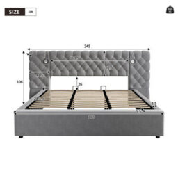 Btm 6Ft Super King Hydraulic Storage Bed, Velvet Upholstered, Wide Headboard, With Reading Light, Grey - thumbnail 6