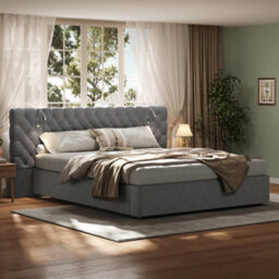Btm 6Ft Super King Hydraulic Storage Bed, Velvet Upholstered, Wide Headboard, With Reading Light, Grey - thumbnail 2