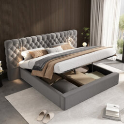Btm 6Ft Super King Hydraulic Storage Bed, Velvet Upholstered, Wide Headboard, With Reading Light, Grey - thumbnail 3