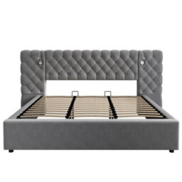 Btm 6Ft Super King Hydraulic Storage Bed, Velvet Upholstered, Wide Headboard, With Reading Light, Grey - thumbnail 9