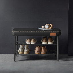 Entryway Storage Bench, Shoe Rack, Mid-Century Modern Shoe Bench Chair With Synthetic Leather, Ink Black