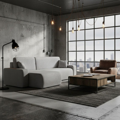 Piano L Shape Corduroy Corner Sofa Bed With Storage Soft Cord Fabric Modern Living Room Settee Stylish Comfortable Light Grey - image 1