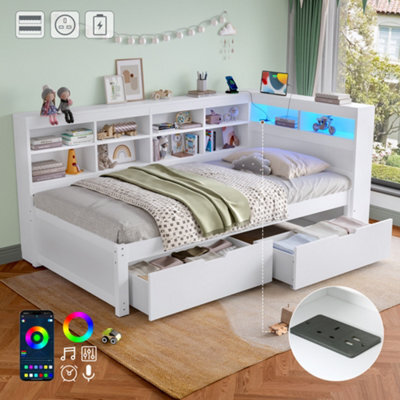 Btm 3Ft Single Daybed With 2 Storage Drawers, Led Bed Frame With Charging Station, Wood Bed 90X190 Cm, White - image 1