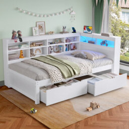 Btm 3Ft Single Daybed With 2 Storage Drawers, Led Bed Frame With Charging Station, Wood Bed 90X190 Cm, White - thumbnail 3