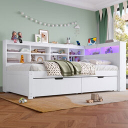 Btm 3Ft Single Daybed With 2 Storage Drawers, Led Bed Frame With Charging Station, Wood Bed 90X190 Cm, White - thumbnail 2