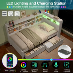 Btm 3Ft Single Daybed With 2 Storage Drawers, Led Bed Frame With Charging Station, Wood Bed 90X190 Cm, White - thumbnail 7