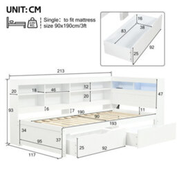 Btm 3Ft Single Daybed With 2 Storage Drawers, Led Bed Frame With Charging Station, Wood Bed 90X190 Cm, White - thumbnail 8