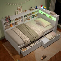 Btm 3Ft Single Daybed With 2 Storage Drawers, Led Bed Frame With Charging Station, Wood Bed 90X190 Cm, White - thumbnail 5