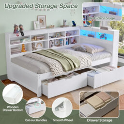 Btm 3Ft Single Daybed With 2 Storage Drawers, Led Bed Frame With Charging Station, Wood Bed 90X190 Cm, White - thumbnail 6
