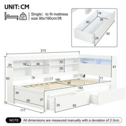 Btm 3Ft Single Daybed With 2 Storage Drawers, Led Bed Frame With Charging Station, Wood Bed 90X190 Cm, White - thumbnail 9