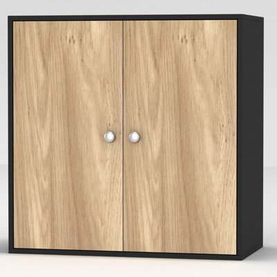 Urbn-Living Urbnliving Height 60Cm 2 Tier Wooden Storage Cabinet Side Furniture Cabinet Colour Black & Oak Door Cupboard Bedroom Hallway Shelf - image 1