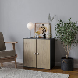 Urbn-Living Urbnliving Height 60Cm 2 Tier Wooden Storage Cabinet Side Furniture Cabinet Colour Black & Oak Door Cupboard Bedroom Hallway Shelf - thumbnail 3
