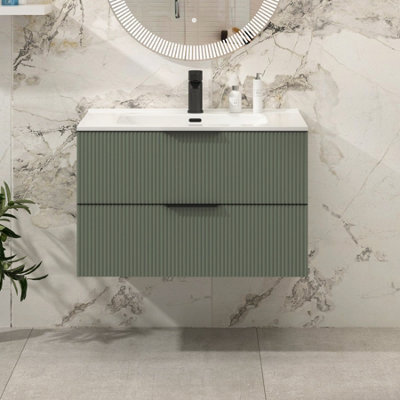 Royal Bathrooms Evora 800mm Sage Green Fluted Wall Hung Bathroom Vanity Unit 2 Drawer Cabinet Storage With Ceramic Basin & Matt Black Handles - image 1