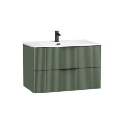 Royal Bathrooms Evora 800mm Sage Green Fluted Wall Hung Bathroom Vanity Unit 2 Drawer Cabinet Storage With Ceramic Basin & Matt Black Handles - thumbnail 7