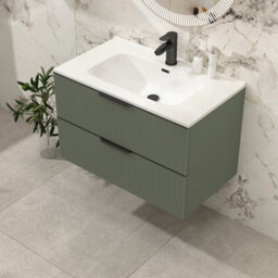 Royal Bathrooms Evora 800mm Sage Green Fluted Wall Hung Bathroom Vanity Unit 2 Drawer Cabinet Storage With Ceramic Basin & Matt Black Handles - thumbnail 4