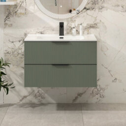 Royal Bathrooms Evora 800mm Sage Green Fluted Wall Hung Bathroom Vanity Unit 2 Drawer Cabinet Storage With Ceramic Basin & Matt Black Handles