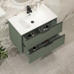 Royal Bathrooms Evora 800mm Sage Green Fluted Wall Hung Bathroom Vanity Unit 2 Drawer Cabinet Storage With Ceramic Basin & Matt Black Handles - thumbnail 3