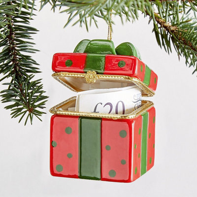 Trinket Box Christmas Tree Ornament - Hand Painted Ribbon Tied Festive Xmas Gift Present Decoration With Hinged Lid & Gilded Edge