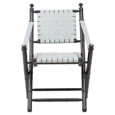 Orsina White Leather And Black Teak Wood Chair,grey Strap Upholstered Armchair,lounge Chair,ideal For Outdoor Use - image 1