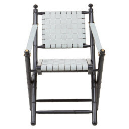 Orsina White Leather And Black Teak Wood Chair,grey Strap Upholstered Armchair,lounge Chair,ideal For Outdoor Use