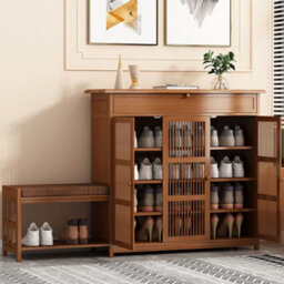 Thehotsale Brown Bamboo Entryway Storage Shoe Cabinet With Bench - thumbnail 1