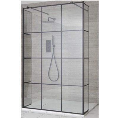 Homestylestore Black Grid Floating Glass Wet Room Walk In Shower Enclosure With White Slate Effect Tray 1400 X 800mm - image 1