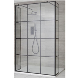 Homestylestore Black Grid Floating Glass Wet Room Walk In Shower Enclosure With White Slate Effect Tray 1400 X 800mm