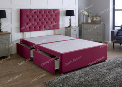 Comfy Deluxe 5Ft Maroon Plush   King Divan Bed Base With Headboard 4 Drawers