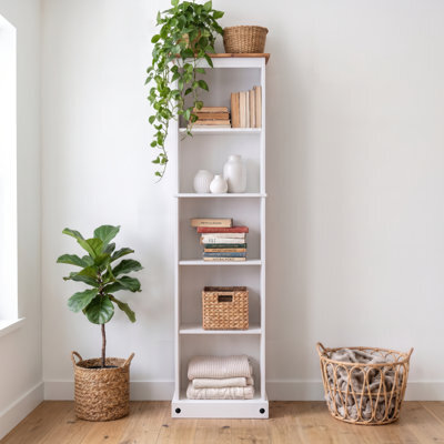 Mercers Furniture Corona White Tall Narrow Bookcase Slim Shelving Display Solid Wood Mexican Pine Wooden - image 1