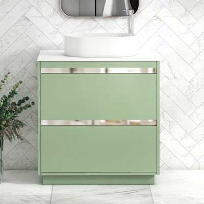 Royal Bathrooms Orion 800mm Mint Sage Floor Standing Plain White Countertop Vanity Unit 2 Drawer With Peak Basin & Chrome Accent Trim - image 1