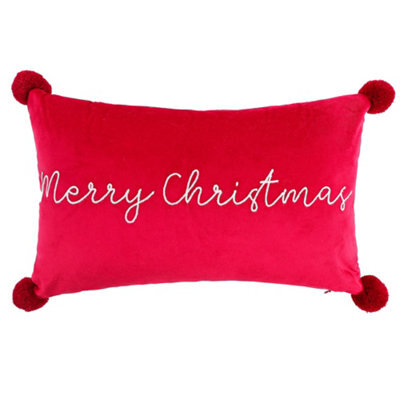 Red Merry Christmas Velvet Effect Indoor Christmas Cushion, (L)50Cm X (W)30Cm