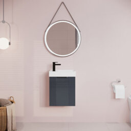 Balterley Dark Grey 400mm Wall Hung Cloakroom Vanity Basin Unit With Black Handle Compact Bathroom Storage - thumbnail 2
