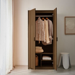 Sweeek - Wardrobe With Wood Decor 1 Hanging Rail And 2 Doors Linear Walnut 80X48X180 Cm - thumbnail 6
