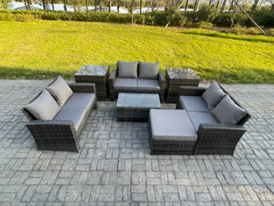 Fimous 7Pc Rattan Sofa Garden Furniture Outdoor Patio Set With 2 Side Tables Big Footstool Double Seat Sofa Dark Grey Mixed - image 1