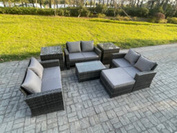 Fimous 7Pc Rattan Sofa Garden Furniture Outdoor Patio Set With 2 Side Tables Big Footstool Double Seat Sofa Dark Grey Mixed - thumbnail 2