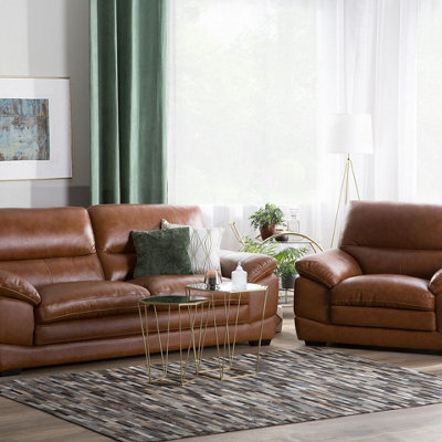 Beliani 3+1 Brown Leather Sofa Set - Retro Vintage 3-Seat Sofa And Matching Armchair, Birchwood Legs - image 1