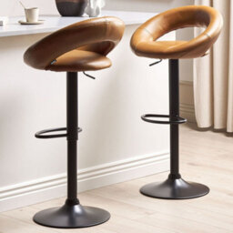 Wyld and Coco Set Of 2 Golden Brown Faux Leather Bar Stools - 360 Swivel, Gas-Lift Adjustable, Black Iron Frame - thumbnail 2